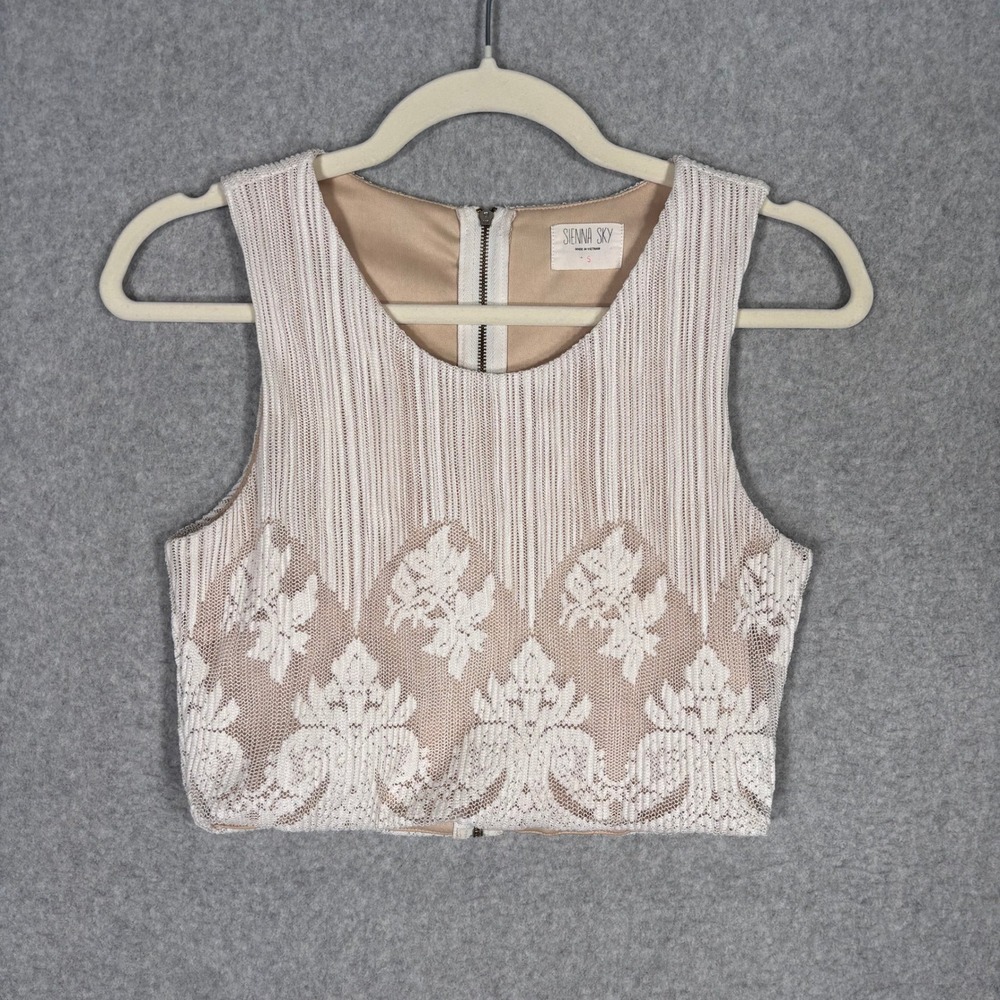 Floral Lace Mesh Crop Top Small White Nude Coquette Festival Boho Preppy Neutral